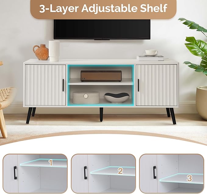 Modern TV Stand for 65 Inch TV, Entertainment Center with 2 Storage Cabinets and Adjustable Shelf, Solid Wood Feet, 4 Cord Holes, Strip Wave Media TV Console Table for Living Room Bedroom (White)