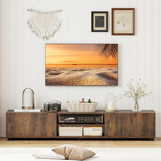 Tangkula Modern TV Stand for up to 70” TVs, 63”L Minimalist Entertainment Center w/ 2 Doors & Open Shelves, Media Console Table Storage Cabinet with 6 Support Feet for Living Room (Rustic Brown, 63”L)