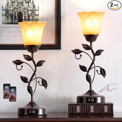 Set of 2 Touch Vintage Table Lamps with 2 USB Ports, 3-Way Dimmable Nightstand Flower Lamps, Amber Glass Shade Rustic Leaf Lamp for Living Room Bedroom, LED Bulb Included (Bronze)