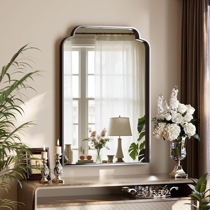 GLSLAND 20"x30" Petal Arch Bathroom Mirror – Modern Metal Frame Vanity Mirror with Scalloped Edge for Over Sink, Bedroom, Living Room, Entryway, Non-Rusting Decorative Wall Mirror, Black