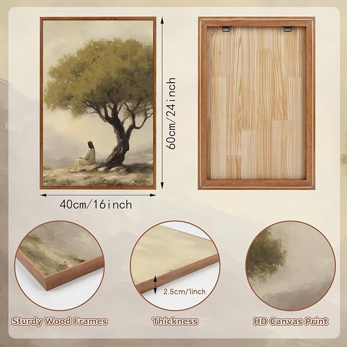 HLNIUC Jesus Sitting Under Olive Tree Canvas Wall Art,Religious Christian Wall Decor(16x24x3),Easter God Bible Story Framed Artwork,Vintage Garden of Gethsemane Prints for Church,Living Room,Bedroom
