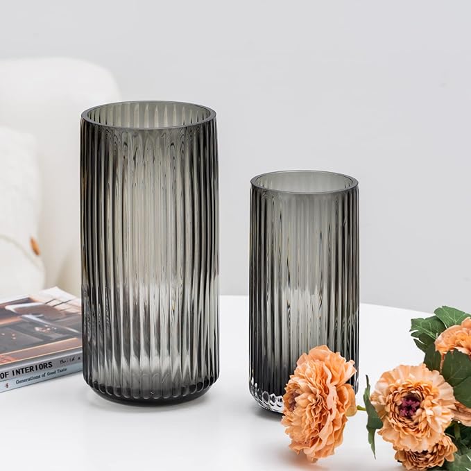 TIMEFOTO Flower Vase 10 inch Grey Thickened Hand Blow Glass Vase Round Vintage Striped Bottles for Bookshelf,Dinner Table,Indoor Office Desktop,Meeting Room,Bathroom,Countertop,Home