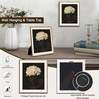 Framed Flower Wall Art, Vintage White Hydrangea Still Life Floral Art Prints, Moody Vintage Canvas Oil Painting, Antique Botanical Floral Wall Decor Pictures for Bedroom, Kitchen, Shelf, Bathroom Wall Decor - 10x12Inch