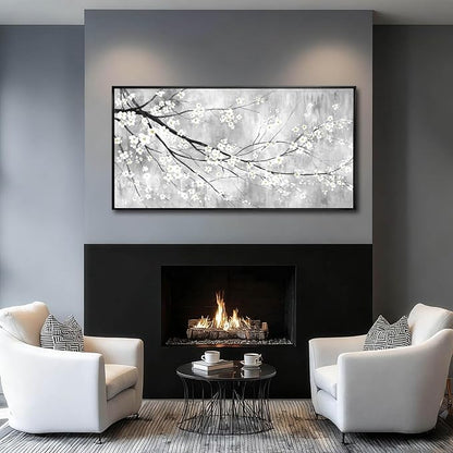 WINKAILIN White Black and Gold Plum Blossom Canvas Wall Art with Black Frame 24"x48" Floral Artwork Modern Botanical Wall Decor for Bedroom Living Room Office Kitchen