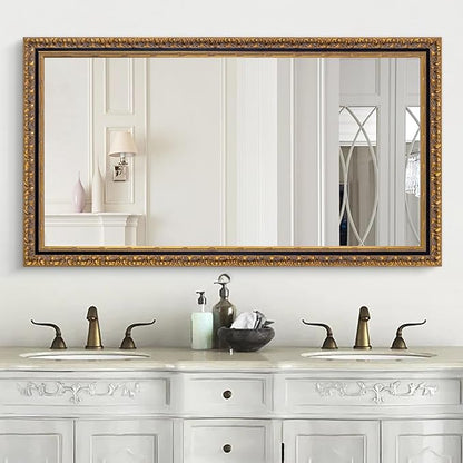 Chende Vintage Mirrors Wall Decorative, 47''x24'' Black Gold Narrow Mirror for Bathroom Vanity with Wooden Frame, Rectangle Ornate Mirror for Living Room, Entryway, Dining Room