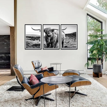 Vintage Scottish Cow Canvas Wall Art Rustic Art Highland Cow Poster Wall Decor Black and White Farm Animal Cow Artwork for Apartment Living Room Bedroom Country Decoration 24x36inchx3pcs