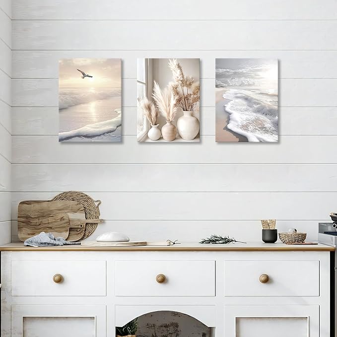 3 Pcs Beach Seaside Wall Art for Bedroom, Modern Beige Reeds Botanical Wall Picture Aesthetic Nature Coastal Sunset Landscape Wall Painting Poster Art Prints for Bedroom Office Home Decor 16"x24"x3Pcs