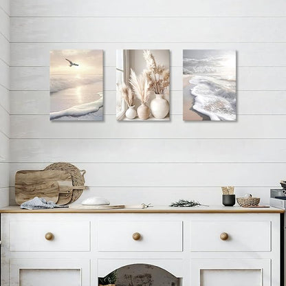 3 Pcs Beach Seaside Wall Art for Bedroom, Modern Beige Reeds Botanical Wall Picture Aesthetic Nature Coastal Sunset Landscape Wall Painting Poster Art Prints for Bedroom Office Home Decor 16"x24"x3Pcs