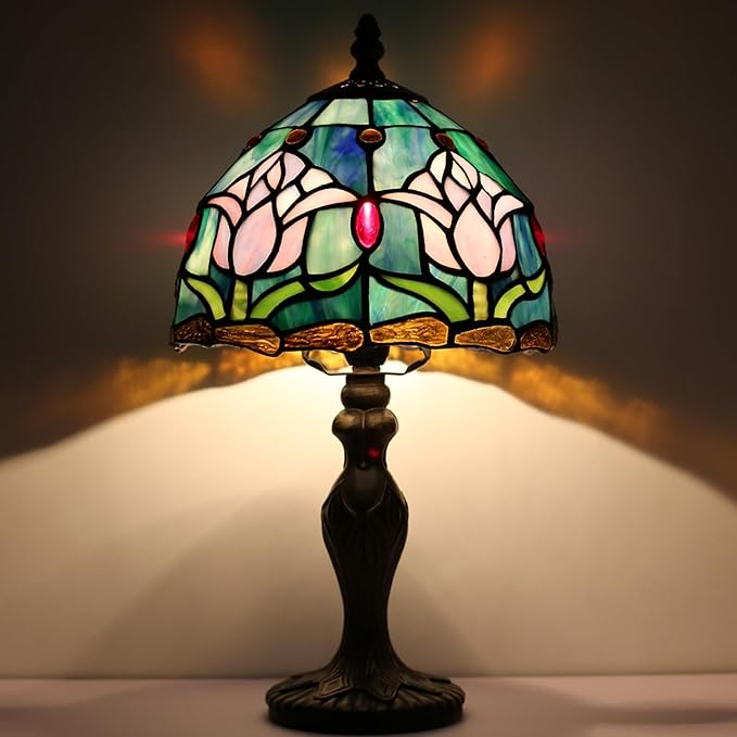 Tiffany Style Lamp Stained Glass Table Lamp 8" x 14.5" Mini Accent Light Pink Tulip Design Small Decorative Bedside Bedroom Living Room Memory Lamp