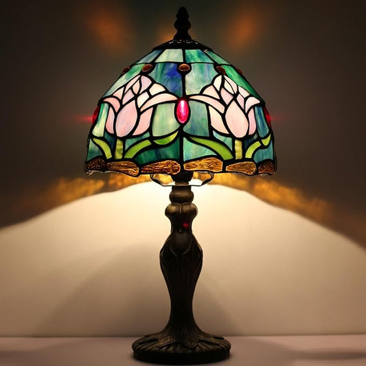 Tiffany Style Lamp Stained Glass Table Lamp 8" x 14.5" Mini Accent Light Pink Tulip Design Small Decorative Bedside Bedroom Living Room Memory Lamp