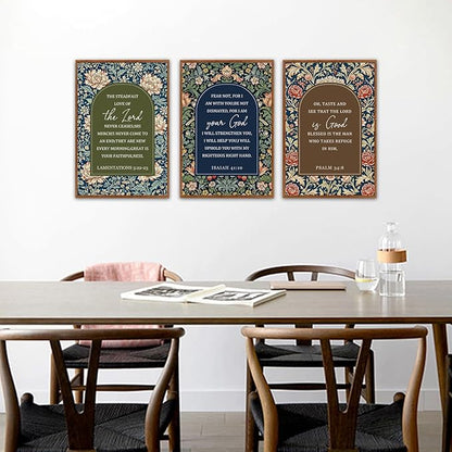 KAlRNE Vintage Christian Floral Framed Canvas Wall Art Set of 3(16”X24”),Boho William Morris Wall Decor,Religious Bible Verse Painting,Inspirational Scripture Art Prints For Living Room Bedroom Church