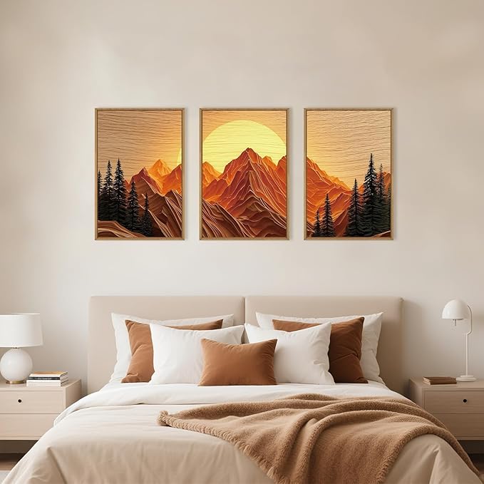 Large Mountain Framed Canvas Wall Art Set, Abstract Ridge Sun Painting, Boho Sunset Scenery Wall Decor,Modern Natural Landscape Art Print for Living Room,Bedroom,Office-24 x36 x3