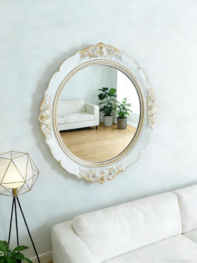 Round Resin Vintage Mirror, Wall-Mounted Decorative Mirror, Retro Hanging Mirror for Entryway, Corridor, Bedroom, Living Room Vanity (White Gold 14.5X13 Inch)
