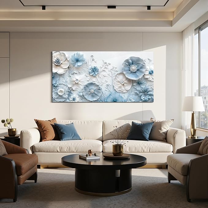 SERIMINO Extra Large Wall Art, Floral Wall Decor, Modern Wall Art, Blue and White Flowers Picture, Nature Botanical Prints, Oversized Paintings for Living Room Dining Room Hallway Office Hotel 29"x57"