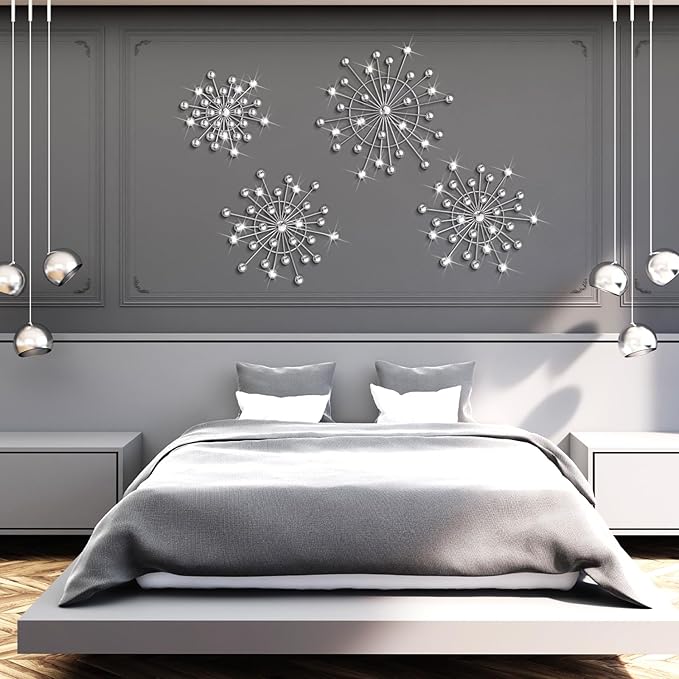 Blulu 4 Pcs Silver Wall Decor Bling Crystal Wall Art Cast Iron Rhinestones Sunburst Decor Metal Starburst Art Hanging Diamond Accents Decorative for Living Room Bedroom Entryway(Silver)