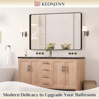Keonjinn Black Bathroom Mirror for Over Sink, 48 x 30 Inch Rounded Rectangle Vanity Mirror, Sandblasted Finish Matte Black Wall Mirrors, HD Tempered Glass, Anti-Rust Seamless Metal Frame for Restroom