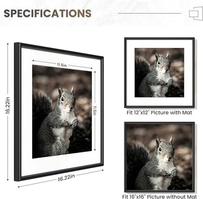 Fun Memories Black 16x16 Picture Frames Set of 3, 16 by 16 Metal Picture Frame for Wall, Suqare 16x16 Frame Matted to 12x12, Modern Black 16 x 16 Frame with Real Glass, 16 x 16 Wall Gallery Frames