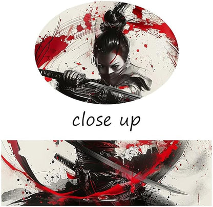 Japanese Female Samurai Wall Art Woman Fight Painting Canvas Prints Red Warrior Pictures Bushido Poster for Bedroom Classroom Dorm Living Room Aesthetic Decor Framed (18''W x 24''H)