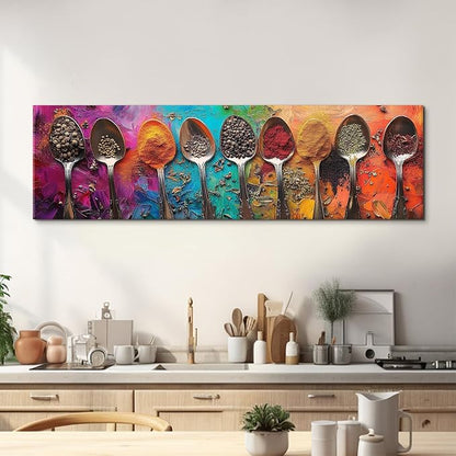 Colorful Spices Seasoning Spoon Canvas Wall Art Kitchen Wall Decor Large Abstract Seasoning Herb Picture for Dining Room Home Bar Decorations Watercolor Food Poster Contemporary Artwork 14x48”