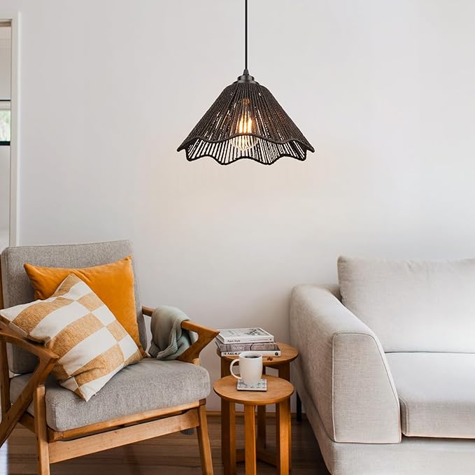 Rattan Plug in Pendant Light Set of 2 (Bulbs Included), 12"x6" Boho Hanging Lights with 13FT Black Hemp Plug-in Cord, On/Off Switch for Living Room, Bedroom, Kitchen