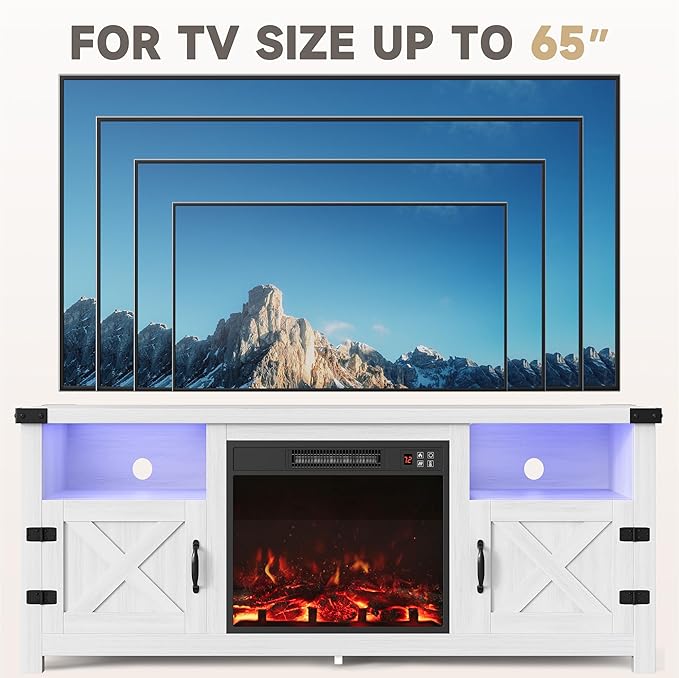 Furmax LED Entertainment Center with Fireplace, Fireplace TV Stand with Storage Cabinets and 2 Open Shelves, Modern Media TV Console for Living Room (White)