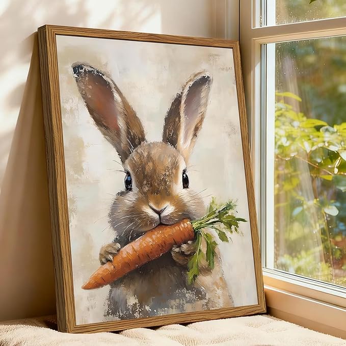 Framed Vintage Rabbit Canvas Wall Art, Cute Easter Bunny with Carrot Pictures Wall Decor, Spring Farmhouse Animal Paintings Prints Cottagecore Home Decor for Living Room kitchen Nursery 12x16 inch