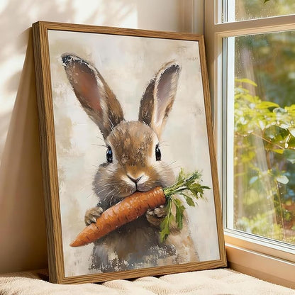 Framed Vintage Rabbit Canvas Wall Art, Cute Easter Bunny with Carrot Pictures Wall Decor, Spring Farmhouse Animal Paintings Prints Cottagecore Home Decor for Living Room kitchen Nursery 12x16 inch