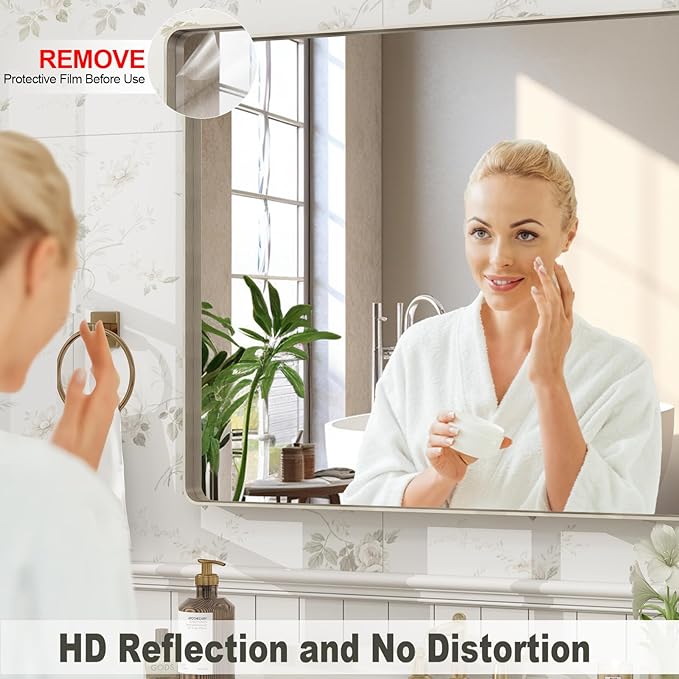 48x32 Inch Brushed Nickel Bathroom Mirror, Brushed Silver Metal Framed Wall Mirror, Rounded Corner Rectangle Modern Vanity Mirror, Tempered Glass, Anti-Rust, Shatterproof (Horizontal/Vertical)