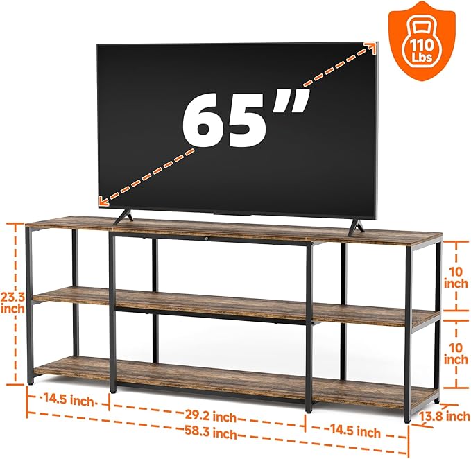 Aquzee TV Stand for 65 Inch TV, 58.3” Wide Entertainment Center with Open Storage, Wood & Metal Console Table and Media Furniture for Living Room Bedroom, Rustic Brown
