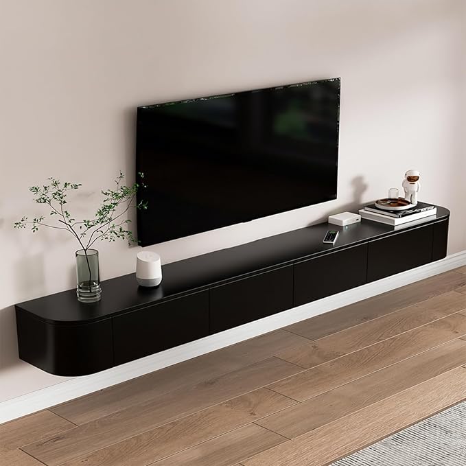 Floating TV Stand 87 Inch Wall Mounted TV Cabinet with 2 Drawers, TV Media Console with Flip-Down Door & Drawers for Living Room (Black, 86.6")