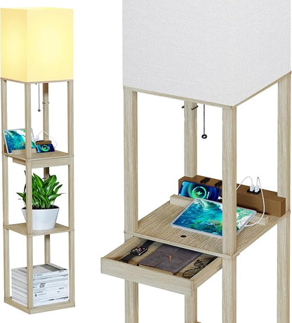 SUNMORY Floor Lamp with Shelves,Modern Dimmable Wood Standing Lamp with 1 Drawer and 2 USB Ports & 2 Power Outlet,Corner Tall Bookshelf Lamp for Living Room and Bedroom(Wood Color)