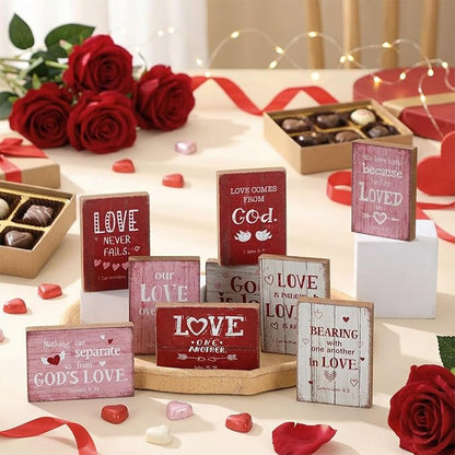 Yousoontic 9 Pcs Christian Valentine's Day Decor Bible Verse Religious Jesus Table Decorations Wood Block Sign Rustic Valentines Love Tiered Tray Decor for Church Home Shelf Table Top(Vintage)