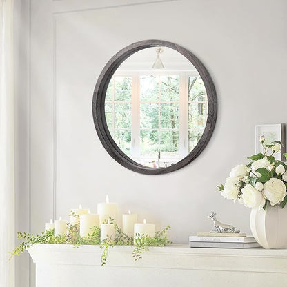 JJUUYOU Circle Wall Mirror 16 Inch Wooden Round Wall Mirror for Bathroom Vanity Gray Circular Mirror Washroom Wall Mounted Wood Frame Make up Mirror for Living Room Bedroom Dorm