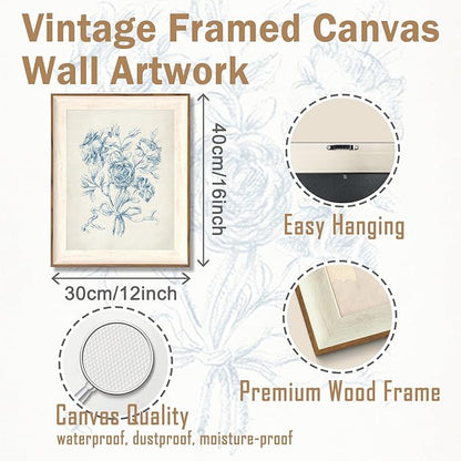 ASTRDECOR Framed Vintage Wall Art for Bathroom, Botanical Blue Wall Art for Home Decor Aesthetic, Victorian Blue Rose Bouquet Sketch Painting Floral Canvas Art Prints, Antique Flower Pictures for Living Room - 12''x16''