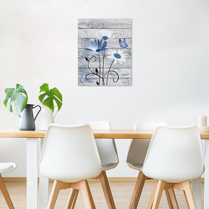 HVEST Vintage Floral Canvas Wall Art Blue and White Daisy Butterfly on Farmhouse Wooden Wall Decor for Bedroom, Country Wildflower Framed Wall Art for Living Room Office Home Decor,24L X 16W inches