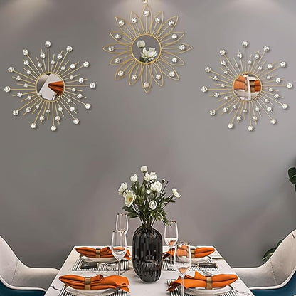 Uaussi 3 Pack Crystal Sunburst Wall Mirror Décor Rhinestone Mirrors Decorative Home Wall Art for Living Room Bedroom Entryway(Flower+Sunburst Gold)
