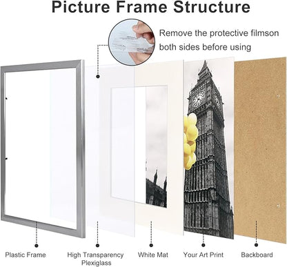 8.5x11 Picture Frame Set of 6, Certificate Document Frame, Diploma Frame, Display Pictures 6x8 with Mat or 8.5x11 Without Mat,Silver