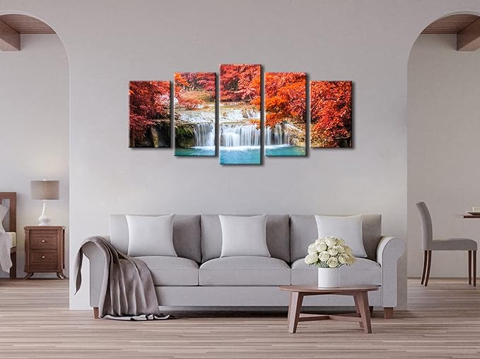 Pyradecor Red Forest Waterfalls Canvas Prints Wall Art Tree Pictures Paintings for Living Room Bedroom Home Decorations Modern 5 Panels Stretched Pretty Landscape Artwork