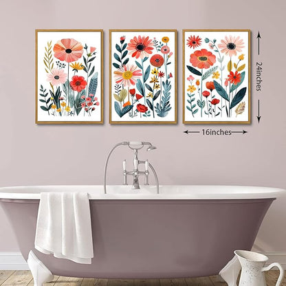 KISSFOX Framed Colorful Wildflower Canvas Wall Art Set Of 3 Flowers Pictures Prints Flowers Printing Floral Watercolors Flower wall Decor Living Room Girls Bedroom Bathroom