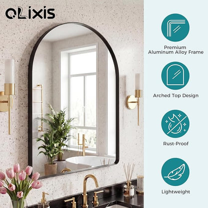 OLIXIS Arched Bathroom Mirror for Over Sink, 36x24 Inch Wall Mirror Arched Rounded Rectangle, Modern Wall Mount Vanity Mirror with Matte Metal Deep Framed, for Home Decor, Living Room, Black