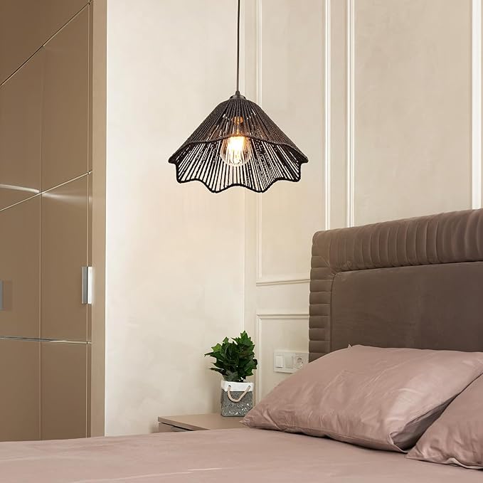 Rattan Plug in Pendant Light Set of 2 (Bulbs Included), 12"x6" Boho Hanging Lights with 13FT Black Hemp Plug-in Cord, On/Off Switch for Living Room, Bedroom, Kitchen