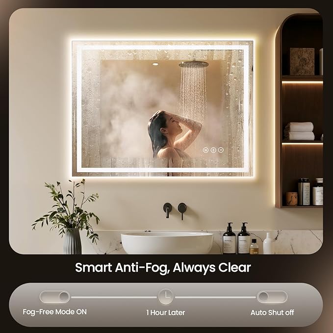 55X30 LED Bathroom Mirror with Lights, Anti-Fog, Backlit + Front Lit, Lighted Bathroom Vanity Mirror for Wall, Memory Function, Dimmable, Tempered Glass, Shatter-Proof