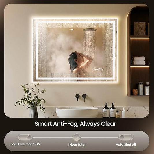 55X30 LED Bathroom Mirror with Lights, Anti-Fog, Backlit + Front Lit, Lighted Bathroom Vanity Mirror for Wall, Memory Function, Dimmable, Tempered Glass, Shatter-Proof