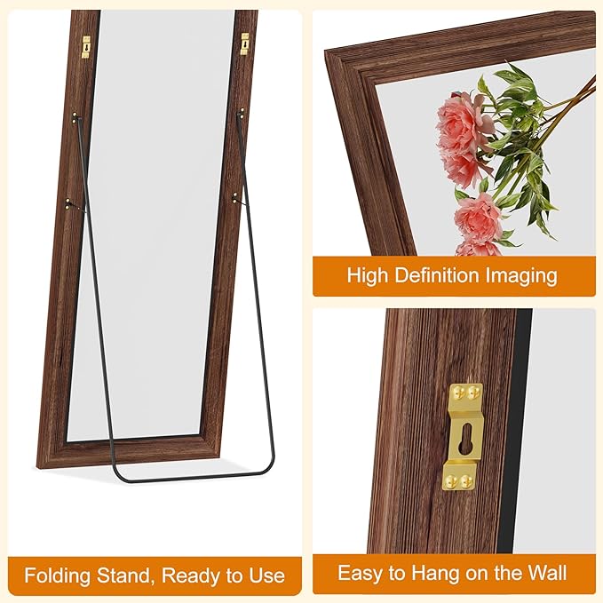 ZHUNFA Full Length Mirror,71x32 Inch Full Length Mirror Wall Mounted,Vertical Hanging,Leaning Standing for Bedroom,Living Room,Rectangular Wooden Frame,Wood Brown Color.