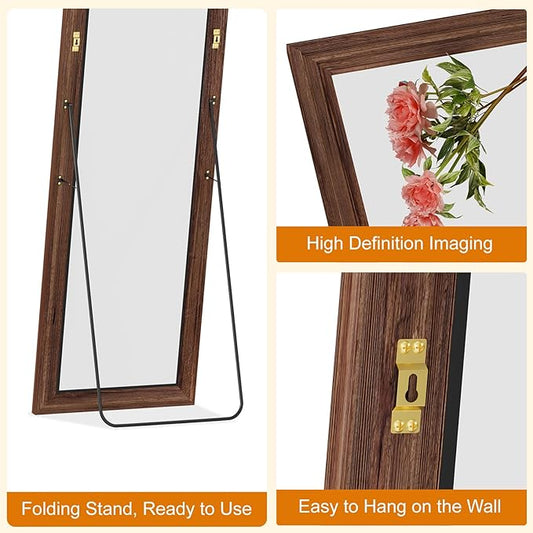 ZHUNFA Full Length Mirror,71x32 Inch Full Length Mirror Wall Mounted,Vertical Hanging,Leaning Standing for Bedroom,Living Room,Rectangular Wooden Frame,Wood Brown Color.