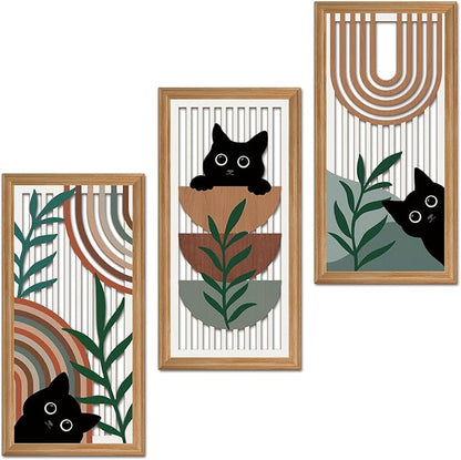 IARTTOP Black Cat Wall Art 3 Pcs Boho Mid Century Modern Wood Wall Decor Abstract Geometric Bohemian Cat Hanging Decor for Farmhouse Bedroom Living Room 7.9 x 15.8 Inch