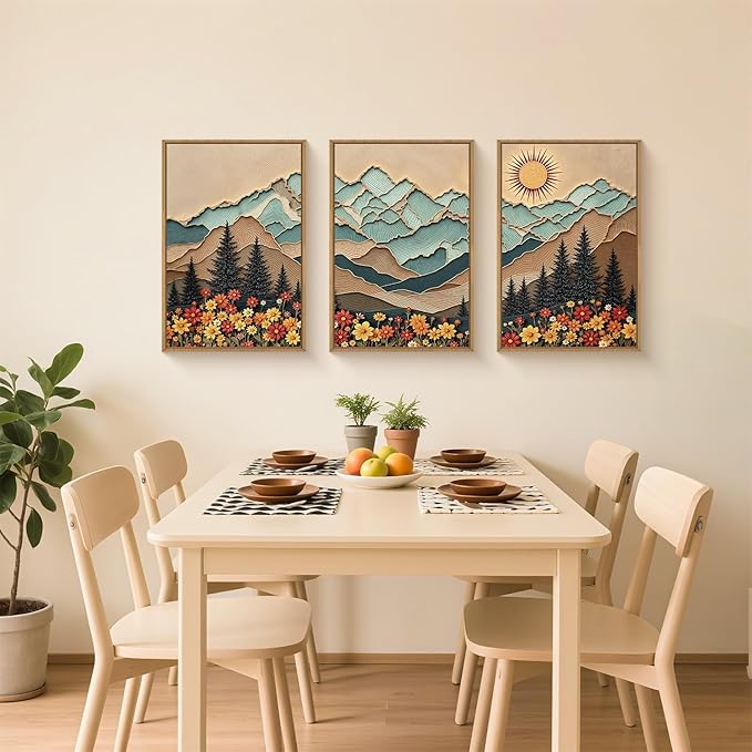 DRACIT Large Boho Wood Grain Mountain Framed Canvas Wall Art Set,Vintage Sunrise Forest Floral Wall Decor,Rustic Natural Wilderness Art Printing for Living Room,Bedroom,Office-24 x36 x3