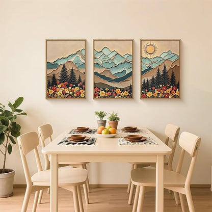 DRACIT Large Boho Wood Grain Mountain Framed Canvas Wall Art Set,Vintage Sunrise Forest Floral Wall Decor,Rustic Natural Wilderness Art Printing for Living Room,Bedroom,Office-24 x36 x3