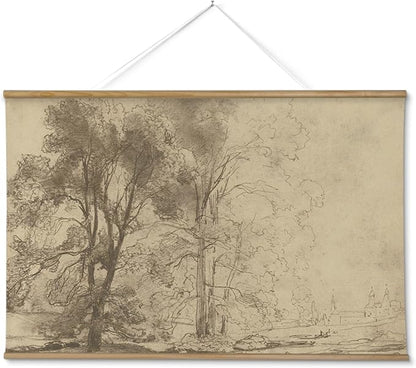 ARPEOTCY Extra Large Vintage Framed Wall Art, 36x54 Inch Two Sketch Trees Landscape Hanging Canvas Prints, Scroll Wall Art Decor for Living Room Bedroom, Retro Scenery Pictures Above of Bed