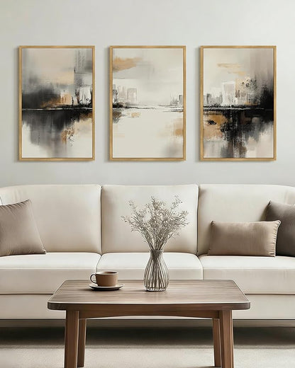 Drsoum Vintage Black Gray Abstract Wall Art Framed Brown Tan Neutral Prints Minimalist Modern Rustic Artwork Bedroom Living Room Ready to Hang 16x24in Natural Framed